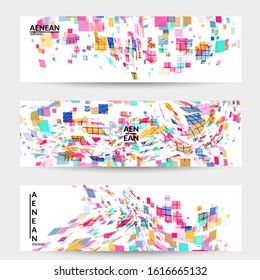 Square pixel multicolored mosaic on white. Transparent overlapping squatters create movement effect. Colorful dynamic geometry. Sport background.