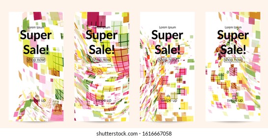 Square pixel multicolored mosaic on white. Transparent overlapping squatters create movement effect. Colorful dynamic geometry. Sport background.