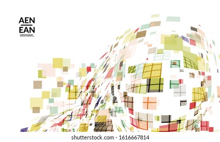 Square pixel multicolored mosaic on white. Transparent overlapping squatters create movement effect. Colorful dynamic geometry. Sport background.