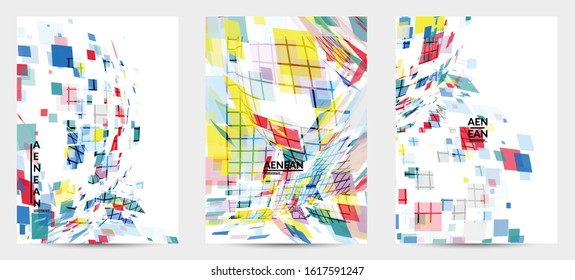 Square pixel multicolored mosaic on white. Transparent overlapping squatters create movement effect. Colorful dynamic geometry. Sport background.