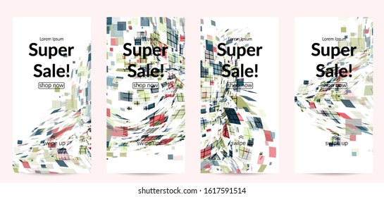 Square pixel multicolored mosaic on white. Transparent overlapping squatters create movement effect. Colorful dynamic geometry. Sport background.