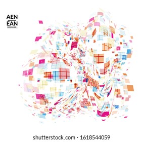 Square pixel multicolored mosaic on white. Transparent overlapping squatters create movement effect. Colorful dynamic geometry. Sport background.