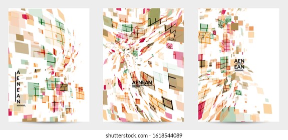 Square pixel multicolored mosaic on white. Transparent overlapping squatters create movement effect. Colorful dynamic geometry. Sport background.