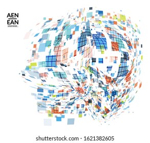 Square pixel multicolored mosaic on white. Transparent overlapping squatters create movement effect. Colorful dynamic geometry. Sport background.