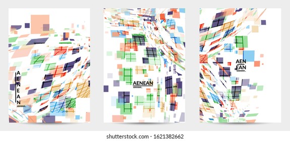 Square pixel multicolored mosaic on white. Transparent overlapping squatters create movement effect. Colorful dynamic geometry. Sport background.