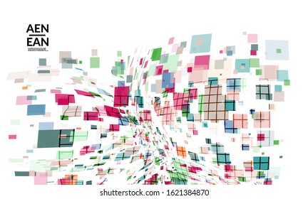 Square pixel multicolored mosaic on white. Transparent overlapping squatters create movement effect. Colorful dynamic geometry. Sport background.