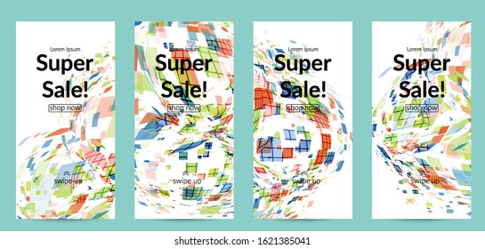 Square pixel multicolored mosaic on white. Transparent overlapping squatters create movement effect. Colorful dynamic geometry. Sport background.
