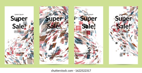 Square pixel multicolored mosaic on white. Transparent overlapping squatters create movement effect. Colorful dynamic geometry. Sport background.