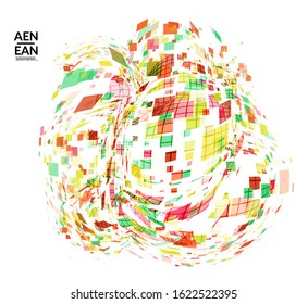 Square pixel multicolored mosaic on white. Transparent overlapping squatters create movement effect. Colorful dynamic geometry. Sport background.