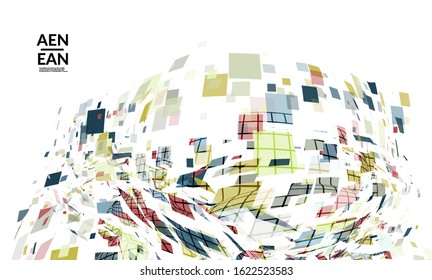 Square pixel multicolored mosaic on white. Transparent overlapping squatters create movement effect. Colorful dynamic geometry. Sport background.