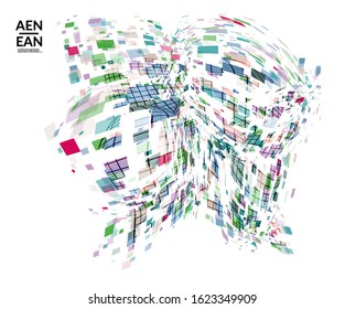 Square pixel multicolored mosaic on white. Transparent overlapping squatters create movement effect. Colorful dynamic geometry. Sport background.