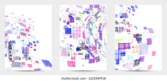 Square pixel multicolored mosaic on white. Transparent overlapping squatters create movement effect. Colorful dynamic geometry. Sport background.