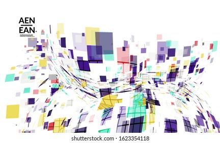 Square pixel multicolored mosaic on white. Transparent overlapping squatters create movement effect. Colorful dynamic geometry. Sport background.