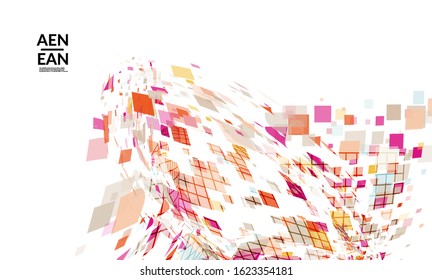 Square pixel multicolored mosaic on white. Transparent overlapping squatters create movement effect. Colorful dynamic geometry. Sport background.