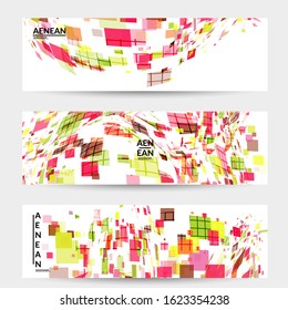 Square pixel multicolored mosaic on white. Transparent overlapping squatters create movement effect. Colorful dynamic geometry. Sport background.