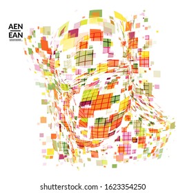 Square pixel multicolored mosaic on white. Transparent overlapping squatters create movement effect. Colorful dynamic geometry. Sport background.