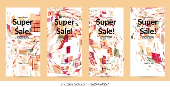Square pixel multicolored mosaic on white. Transparent overlapping squatters create movement effect. Colorful dynamic geometry. Sport background.