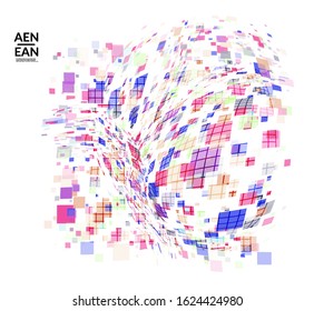 Square pixel multicolored mosaic on white. Transparent overlapping squatters create movement effect. Colorful dynamic geometry. Sport background.