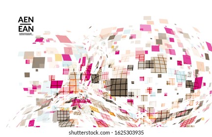 Square pixel multicolored mosaic on white. Transparent overlapping squatters create movement effect. Colorful dynamic geometry. Sport background.