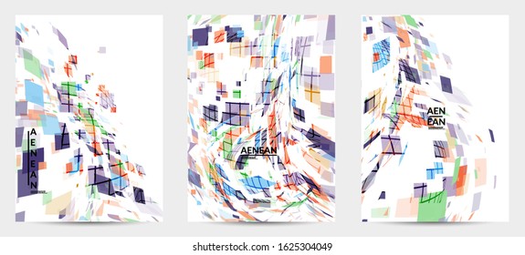 Square pixel multicolored mosaic on white. Transparent overlapping squatters create movement effect. Colorful dynamic geometry. Sport background.