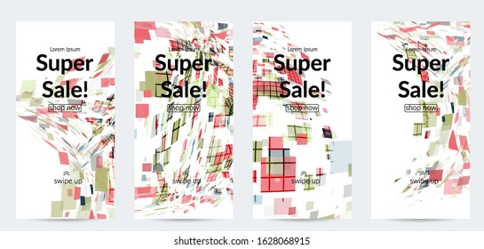 Square pixel multicolored mosaic on white. Transparent overlapping squatters create movement effect. Colorful dynamic geometry. Sport background.