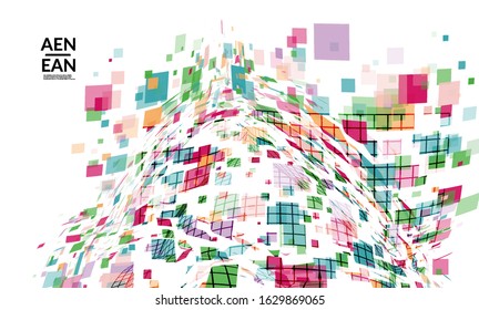 Square pixel multicolored mosaic on white. Transparent overlapping squatters create movement effect. Colorful dynamic geometry. Sport background.