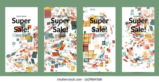 Square pixel multicolored mosaic on white. Transparent overlapping squatters create movement effect. Colorful dynamic geometry. Sport background.