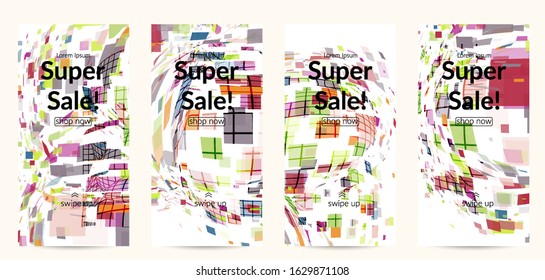 Square pixel multicolored mosaic on white. Transparent overlapping squatters create movement effect. Colorful dynamic geometry. Sport background.