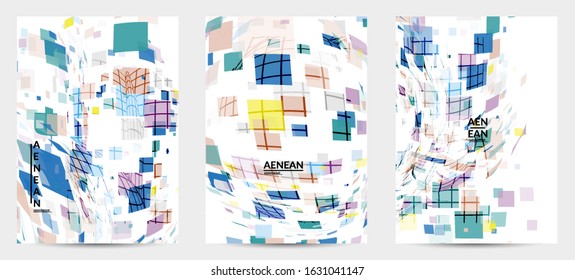 Square pixel multicolored mosaic on white. Transparent overlapping squatters create movement effect. Colorful dynamic geometry. Sport background.