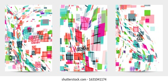 Square pixel multicolored mosaic on white. Transparent overlapping squatters create movement effect. Colorful dynamic geometry. Sport background.