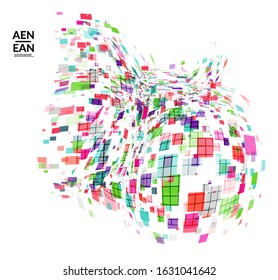 Square pixel multicolored mosaic on white. Transparent overlapping squatters create movement effect. Colorful dynamic geometry. Sport background.