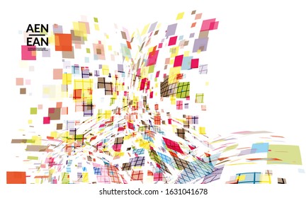 Square pixel multicolored mosaic on white. Transparent overlapping squatters create movement effect. Colorful dynamic geometry. Sport background.