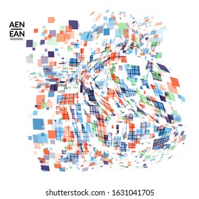 Square pixel multicolored mosaic on white. Transparent overlapping squatters create movement effect. Colorful dynamic geometry. Sport background.