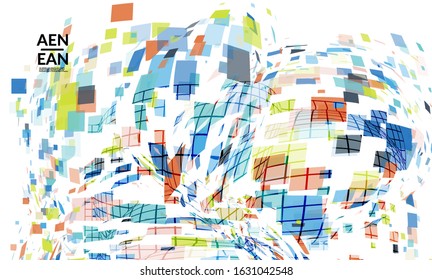 Square pixel multicolored mosaic on white. Transparent overlapping squatters create movement effect. Colorful dynamic geometry. Sport background.