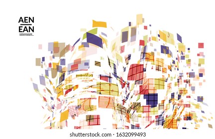 Square pixel multicolored mosaic on white. Transparent overlapping squatters create movement effect. Colorful dynamic geometry. Sport background.