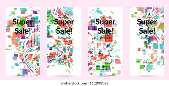 Square pixel multicolored mosaic on white. Transparent overlapping squatters create movement effect. Colorful dynamic geometry. Sport background.