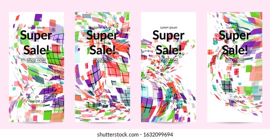 Square pixel multicolored mosaic on white. Transparent overlapping squatters create movement effect. Colorful dynamic geometry. Sport background.