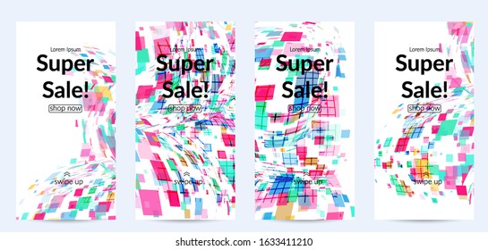 Square pixel multicolored mosaic on white. Transparent overlapping squatters create movement effect. Colorful dynamic geometry. Sport background.