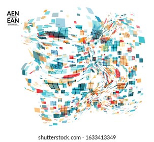 Square pixel multicolored mosaic on white. Transparent overlapping squatters create movement effect. Colorful dynamic geometry. Sport background.