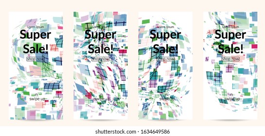 Square pixel multicolored mosaic on white. Transparent overlapping squatters create movement effect. Colorful dynamic geometry. Sport background.