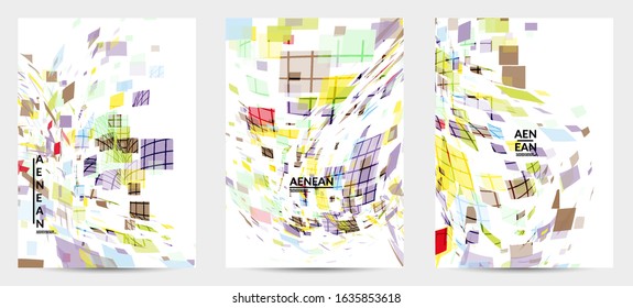 Square pixel multicolored mosaic on white. Transparent overlapping squatters create movement effect. Colorful dynamic geometry. Sport background.