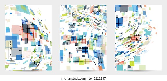 Square pixel multicolored mosaic on white. Transparent overlapping squatters create movement effect. Colorful dynamic geometry. Sport background.