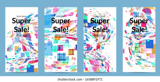 Square pixel multicolored mosaic on white. Transparent overlapping squatters create movement effect. Colorful dynamic geometry. Sport background.