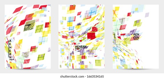 Square pixel multicolored mosaic on white. Transparent overlapping squatters create movement effect. Colorful dynamic geometry.  