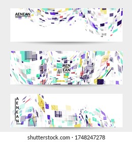 Square pixel multicolored mosaic on white. Transparent overlapping squatters create movement effect. Colorful dynamic geometry. Sport background.