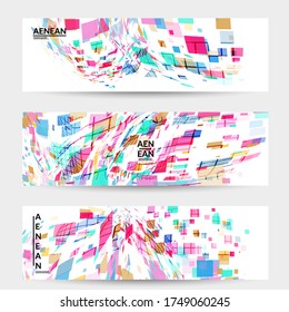 Square pixel multicolored mosaic on white. Transparent overlapping squatters create movement effect. Colorful dynamic geometry. Sport background.