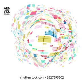 Square pixel multicolored mosaic on white. Transparent overlapping squatters create movement effect. Colorful dynamic geometry. Sport background.