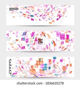 Square pixel multicolored mosaic on white. Transparent overlapping squatters create movement effect. Colorful dynamic geometry. Sport background.