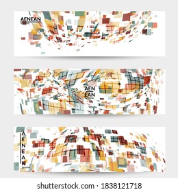 Square pixel multicolored mosaic on white. Transparent overlapping squatters create movement effect. Colorful dynamic geometry. Sport background.