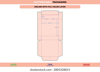 Square pizza box dieline template with fill color layer, featuring labeled trim, crease, and bleed lines with precise 220mm and 50mm measurement indicators